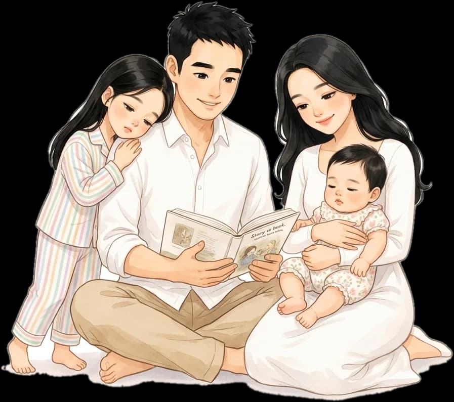 ภาพวาดครอบครัว พ่อนั่งอ่านนิทานให้ลูกสาวฟัง แม่อุ้มน้องคนเล็กนั่งข้าง ๆ