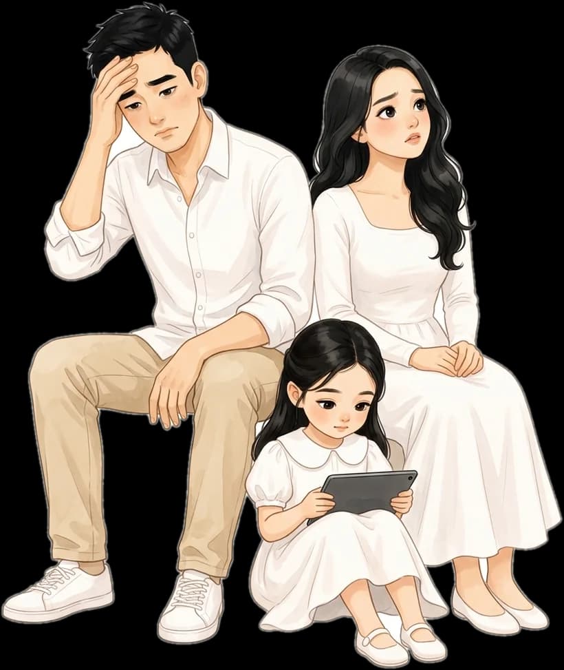ภาพวาดพ่อแม่นั่งเหนื่อยใจ ข้าง ๆ ลูกสาวที่กำลังจ้องแท็บเล็ต